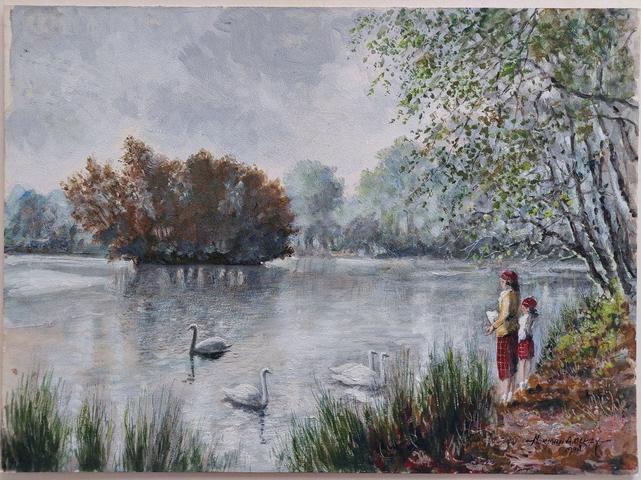 Artist/ School: Norman A. Olley ( British, 20th Century, 1908-1996), dated 1993, signed to the front and inscribed verso

Title - Feeding the Swans by the Pen Ponds - Richmond Park (London)
Two girls feeding white swans in one of London's parks.