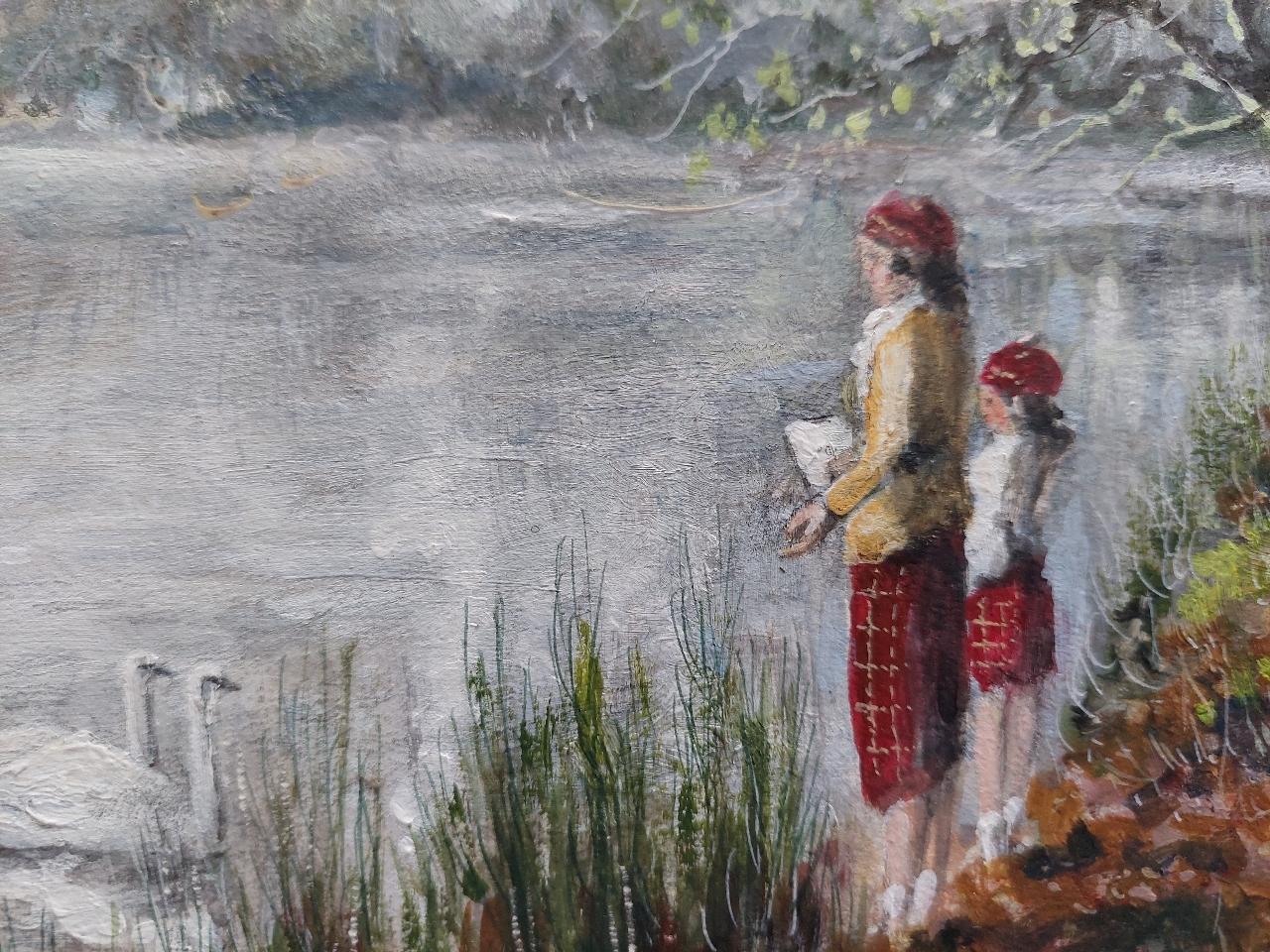 20th Century Traditional English Painting Children Feeding Swans Richmond Park London For Sale