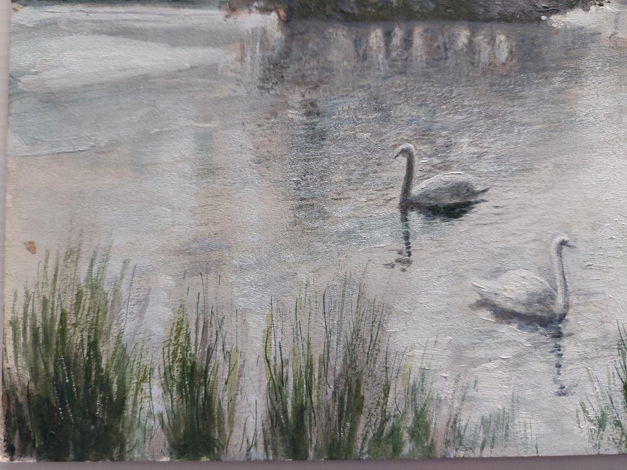 Traditional English Painting Children Feeding Swans Richmond Park London For Sale 1