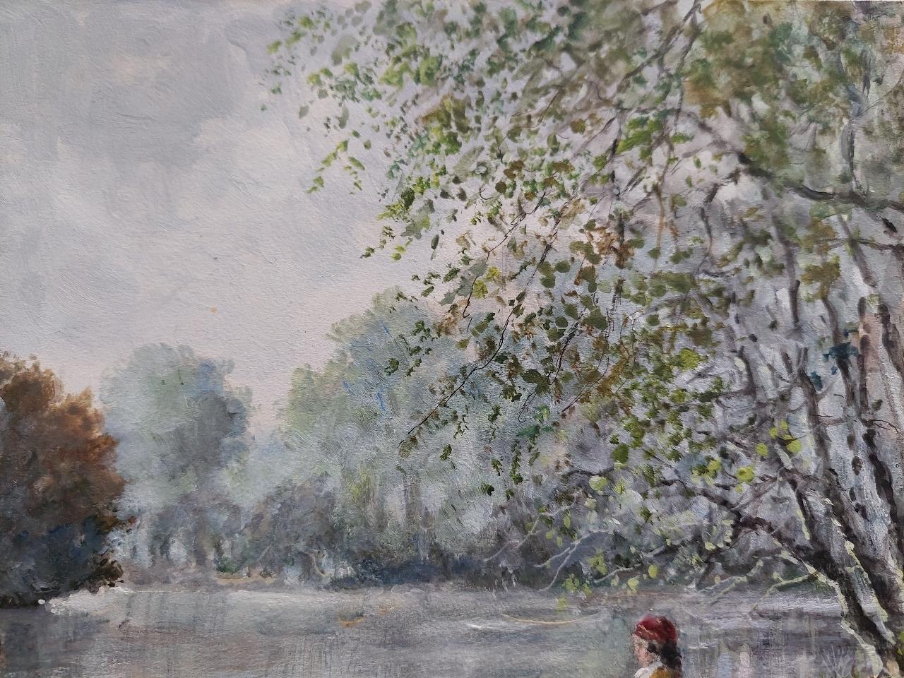 Traditional English Painting Children Feeding Swans Richmond Park London For Sale 2