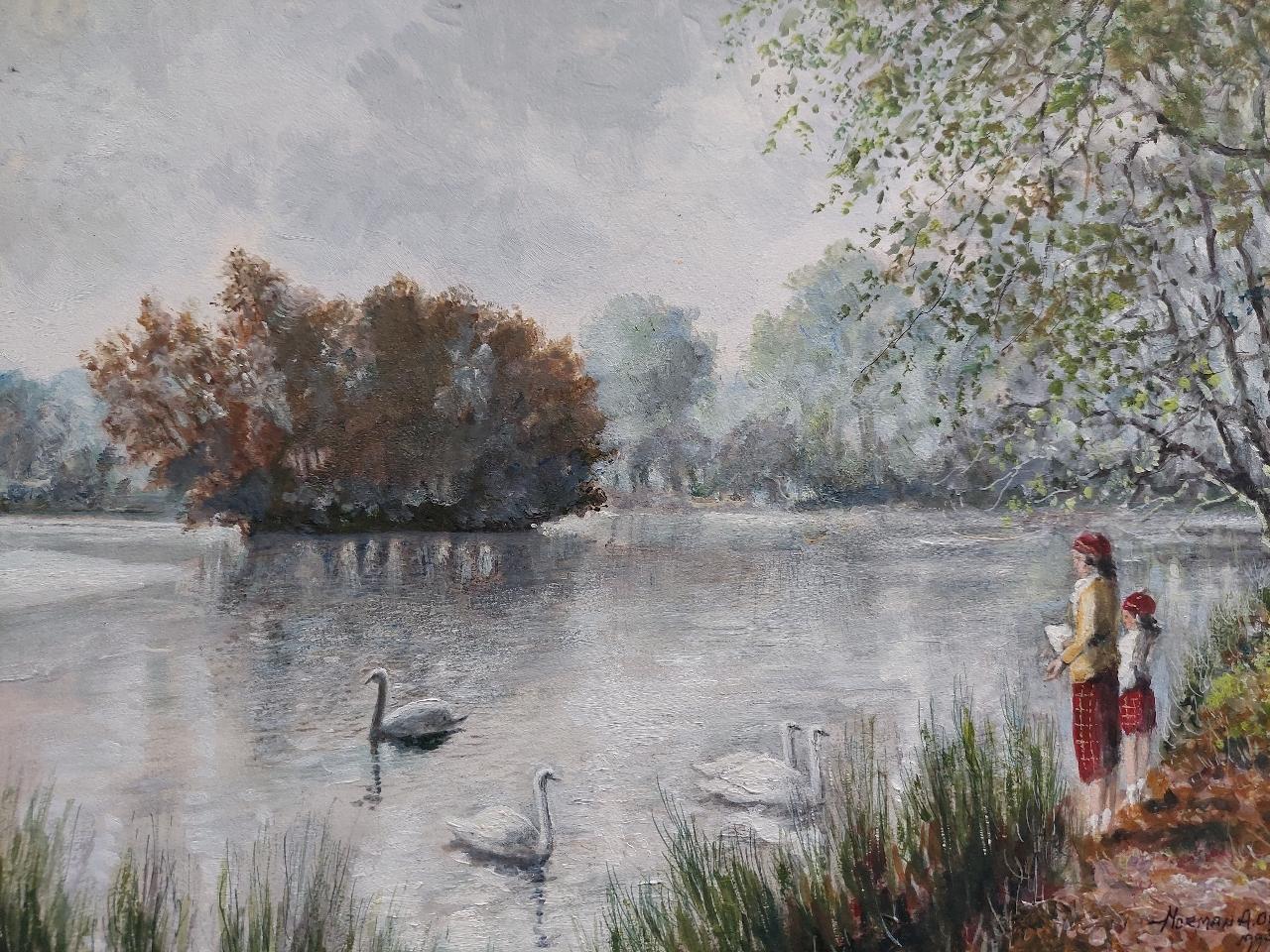 Traditional English Painting Children Feeding Swans Richmond Park London For Sale 3