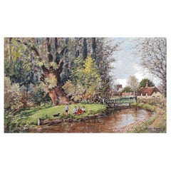 Vintage Traditional English Painting Children with a Pond Yacht in an English Village
