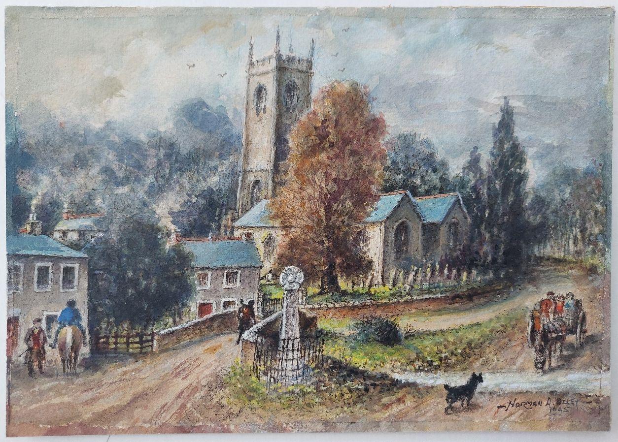 Artisten/Schule: Norman A. Olley ( Britisch, 20. Jahrhundert, 1908-1996), 1995, auf der Vorderseite signiert und verso beschriftet

Titel - Kirche und Dorf in Altarnun. Cornwall. Kirche St. Nonna, bekannt als 