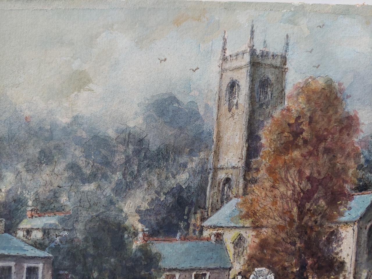 20th Century Traditional English Painting Church and Figures at Altarnun, Cornish School For Sale
