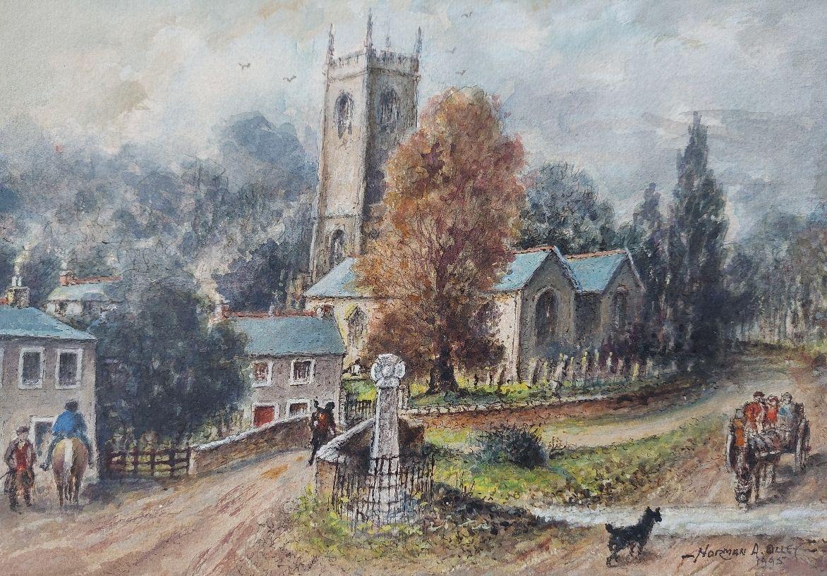 Traditional English Painting Church and Figures at Altarnun, Cornish School For Sale 2