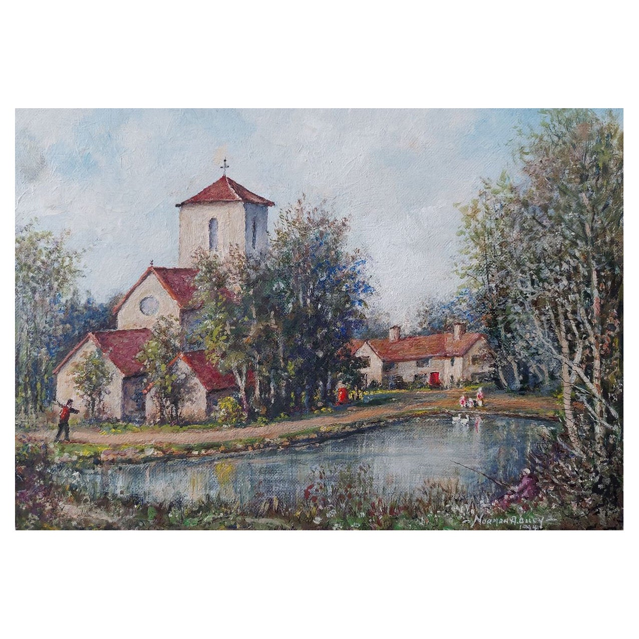 Peinture traditionnelle anglaise d'une église à Weston Green, Thames Ditton, Surrey