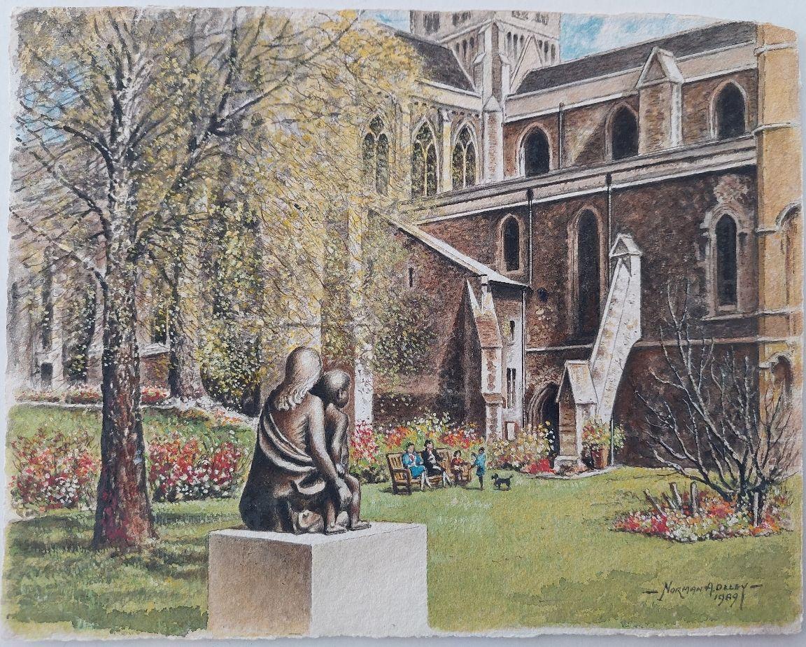 Artist/ School: Norman A. Olley ( British, 20th Century, 1908-1996), 1989, signed to the front and inscribed verso

Title - Cloister Garth of Rochester Cathedral in Kent. This is painted from a position behind the bronze statue of Mary and the