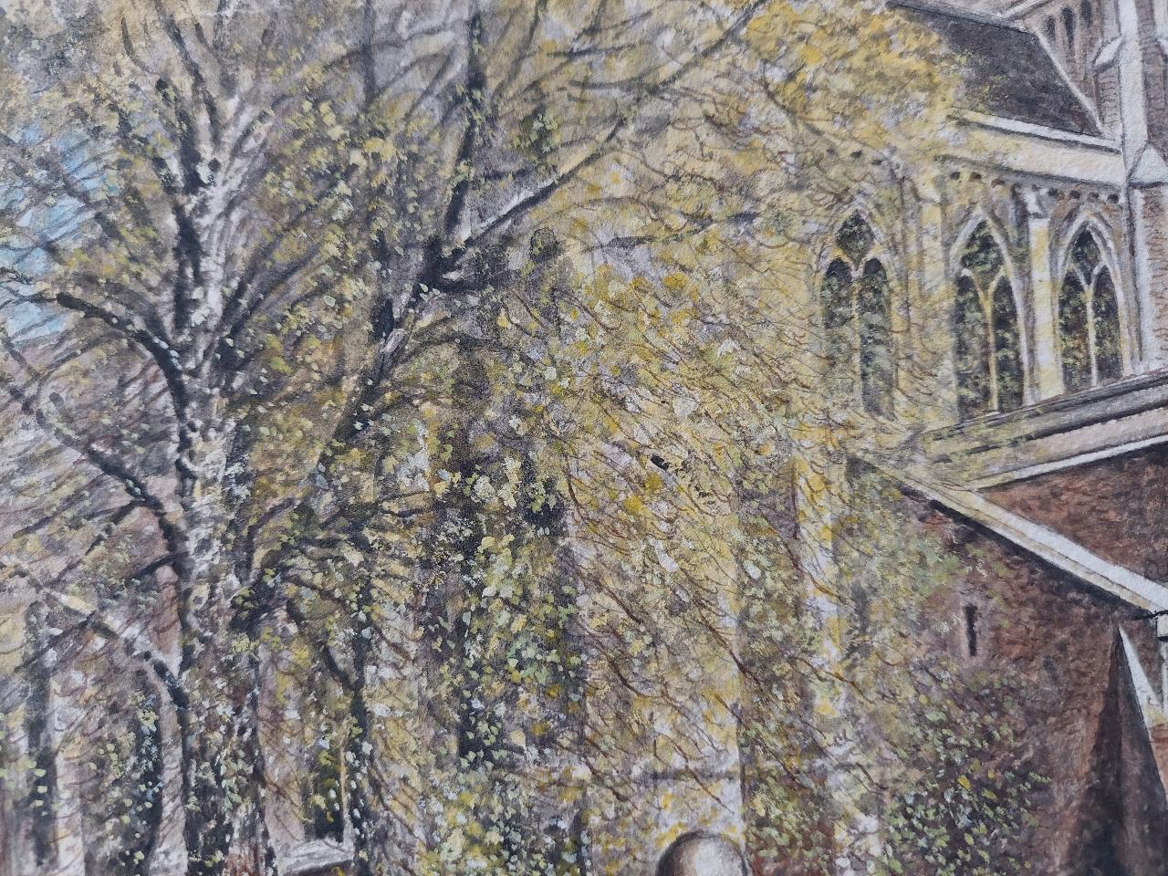 20th Century Traditional English Painting Cloister Garth at Rochester Cathedral, Kent For Sale