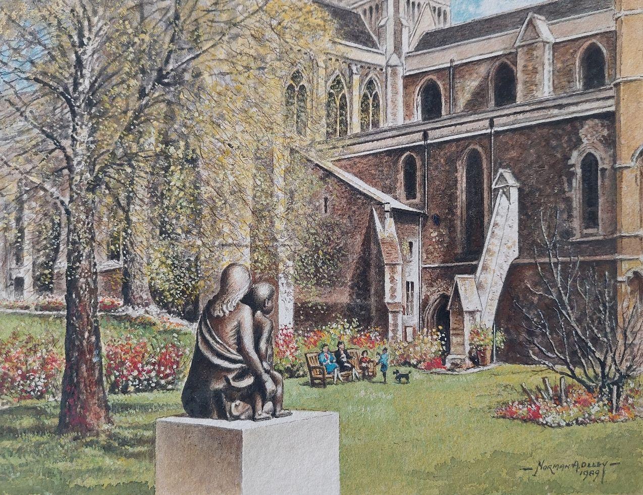 Traditional English Painting Cloister Garth at Rochester Cathedral, Kent For Sale 1