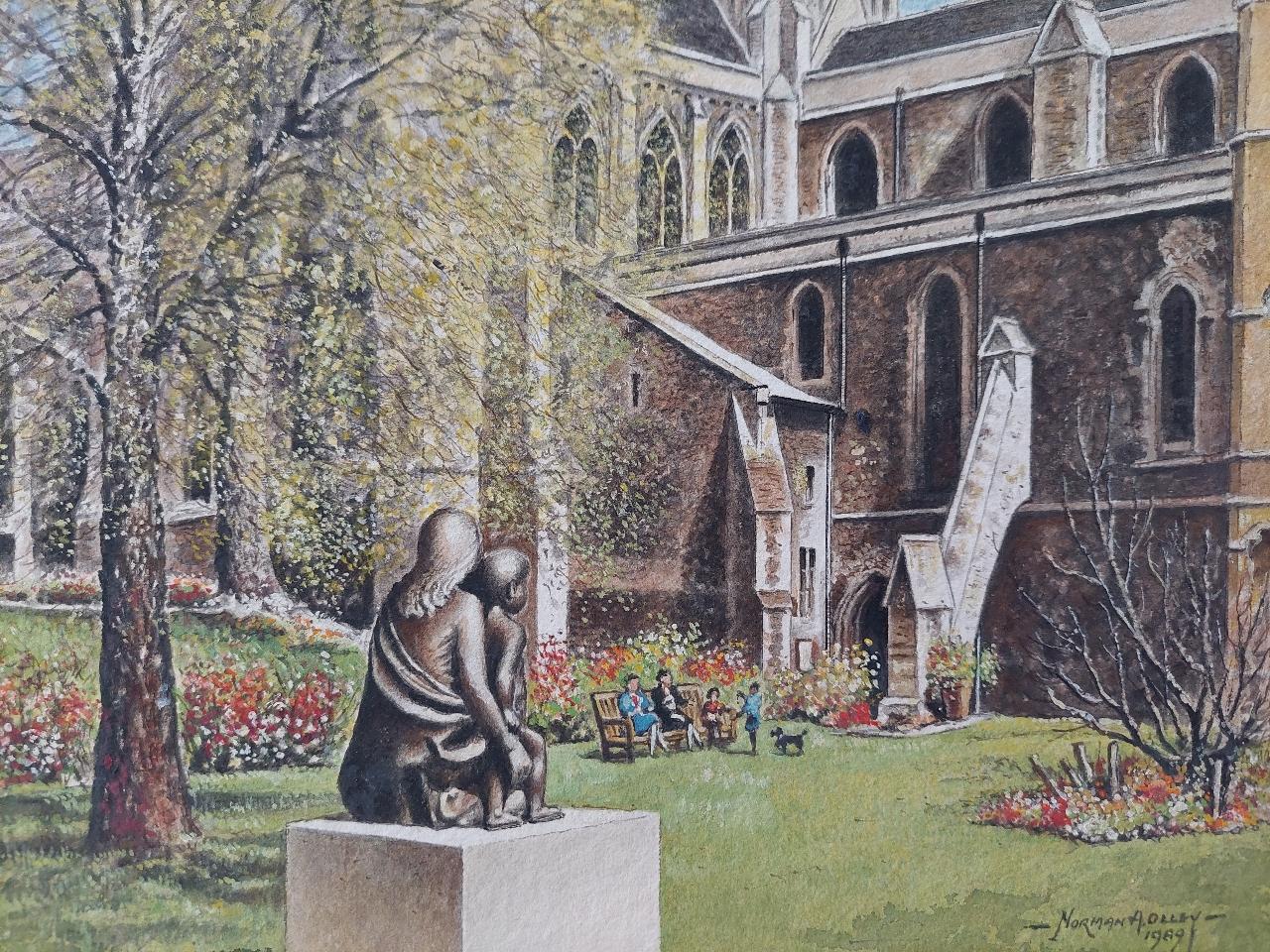 Traditional English Painting Cloister Garth at Rochester Cathedral, Kent For Sale 2