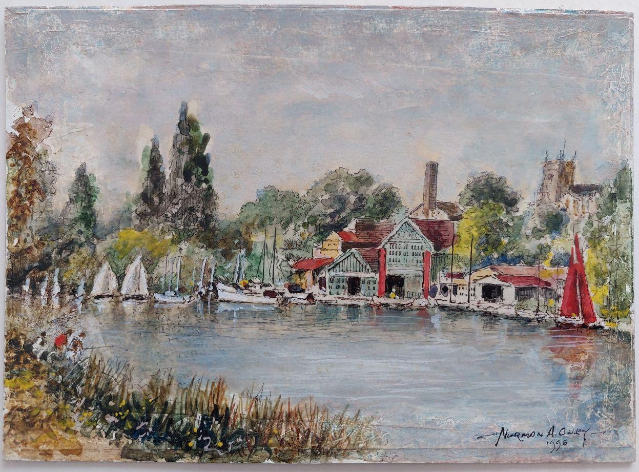 Artist/ School: Norman A. Olley ( British, 20th Century, 1908-1996), dated 1996, signed to the front and inscribed verso

Title - Constable's Boatyard on the Thames at Hampton in Middlesex
A busy scene of riverside boat sheds and fishing on the