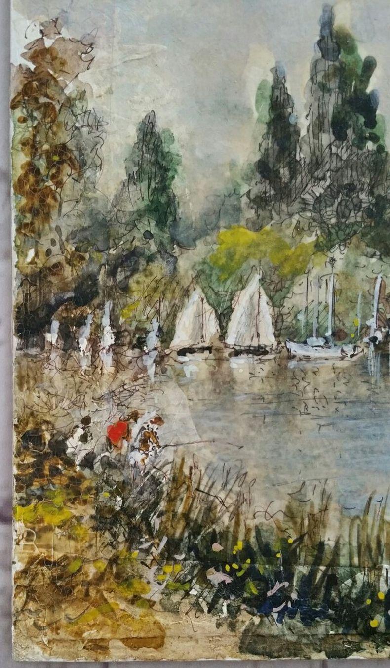 20th Century Traditional English Painting Constables Boatyard Thames Hampton, England For Sale
