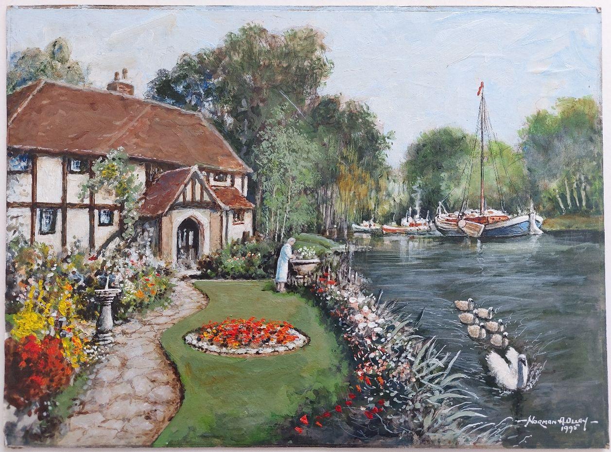 Artist/ School: Norman A. Olley ( British, 20th Century, 1908-1996), dated 1995, signed to the front and inscribed verso

Title - Cottage by the River Thames, a serene scene of the river in summer with a family of swans sailing past a garden being