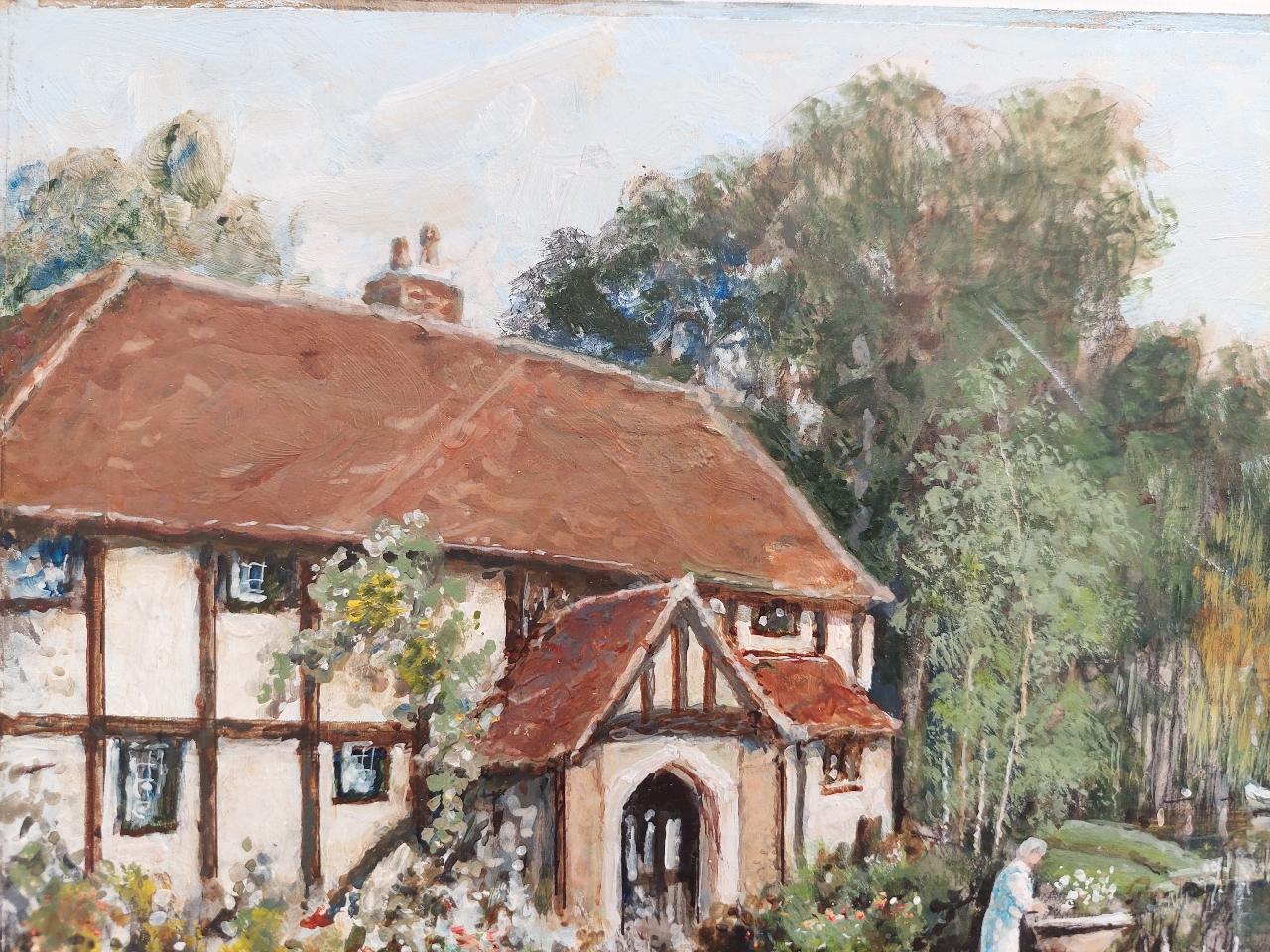 20th Century Traditional English Painting Cottage by the River Thames Near London For Sale