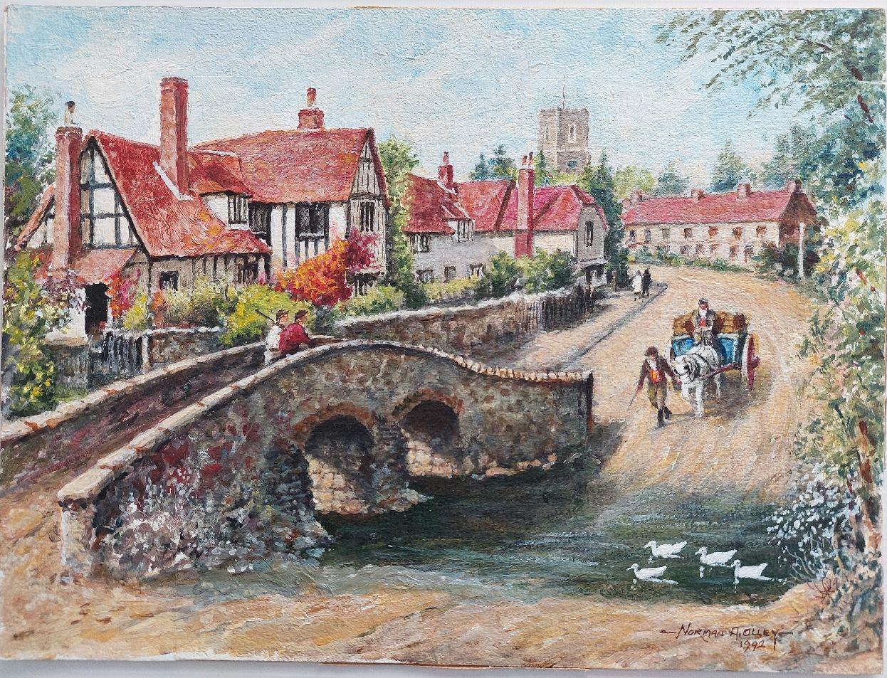 Artist/ School: Norman A. Olley ( British, 20th Century, 1908-1996), dated 1992, signed to the front and inscribed verso

Title - Country Village and Pack Horse Bridge, and Ford by the White Cottage
Pastoral English scene of figures with a horse