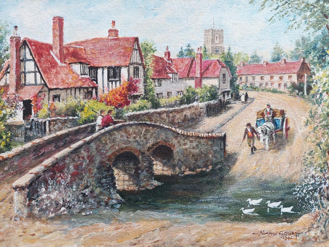 Traditional English Painting Country Village Pack Horse Bridge Crossing River In Excellent Condition For Sale In Cirencester, GB