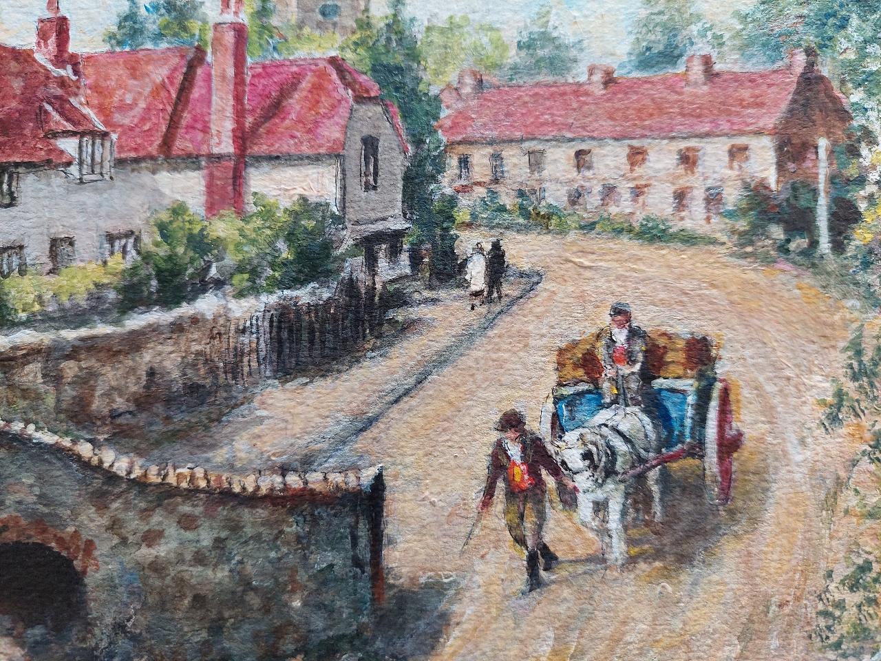 20th Century Traditional English Painting Country Village Pack Horse Bridge Crossing River For Sale