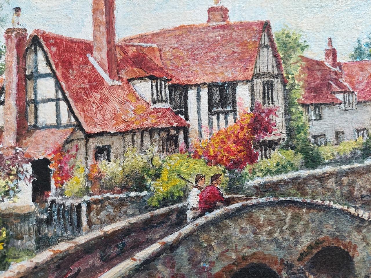 Traditionelles englisches Gemälde, Landhaus, Pack-Pferd, Brücke, Fluss, Kreuzung (20. Jahrhundert) im Angebot