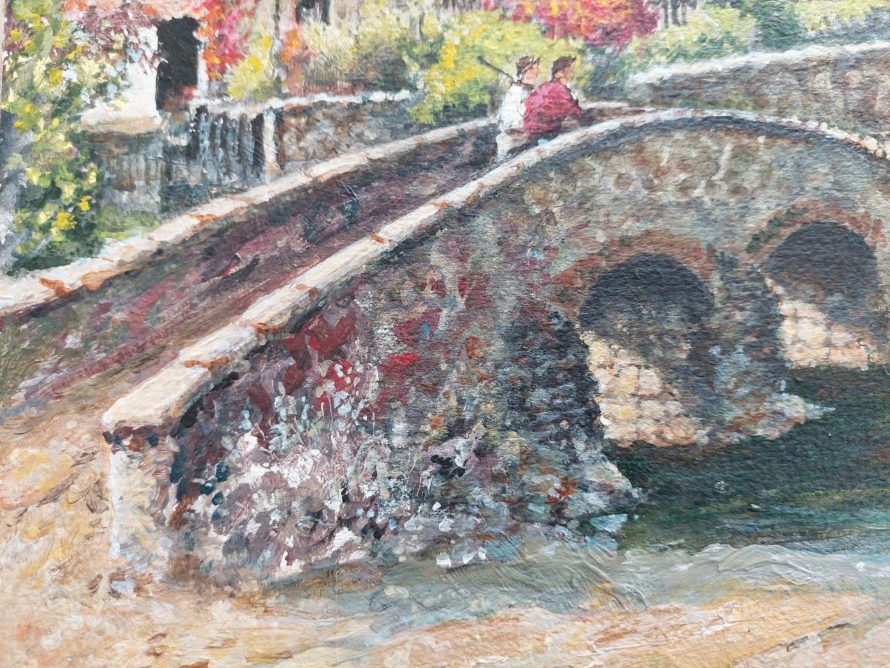 Traditional English Painting Country Village Pack Horse Bridge Crossing River For Sale 1