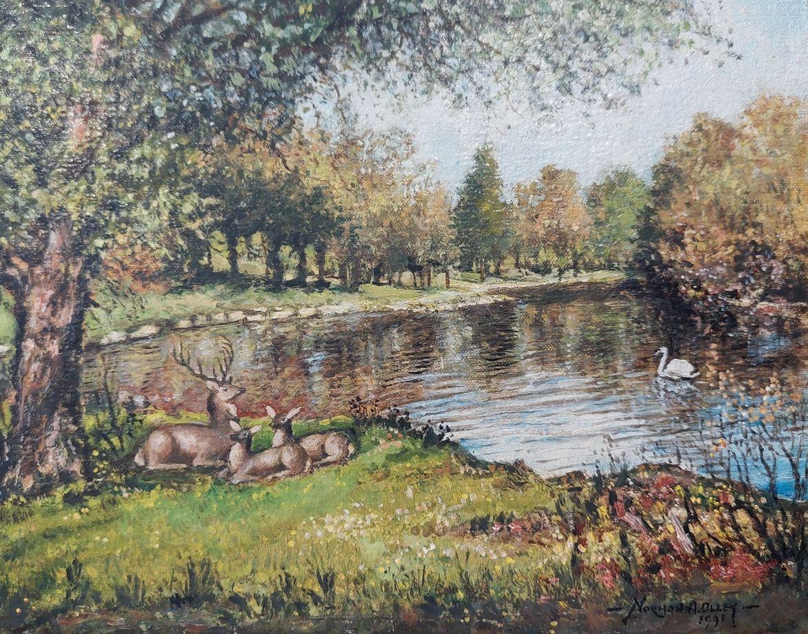Traditional English Painting Deer by a River in English Parkland In Good Condition For Sale In Cirencester, GB