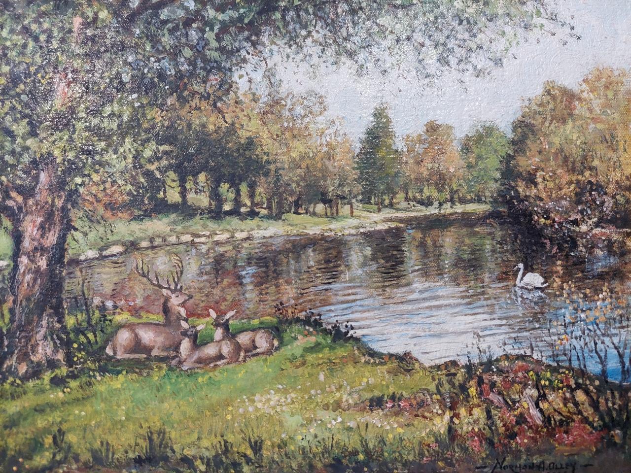 20th Century Traditional English Painting Deer by a River in English Parkland For Sale
