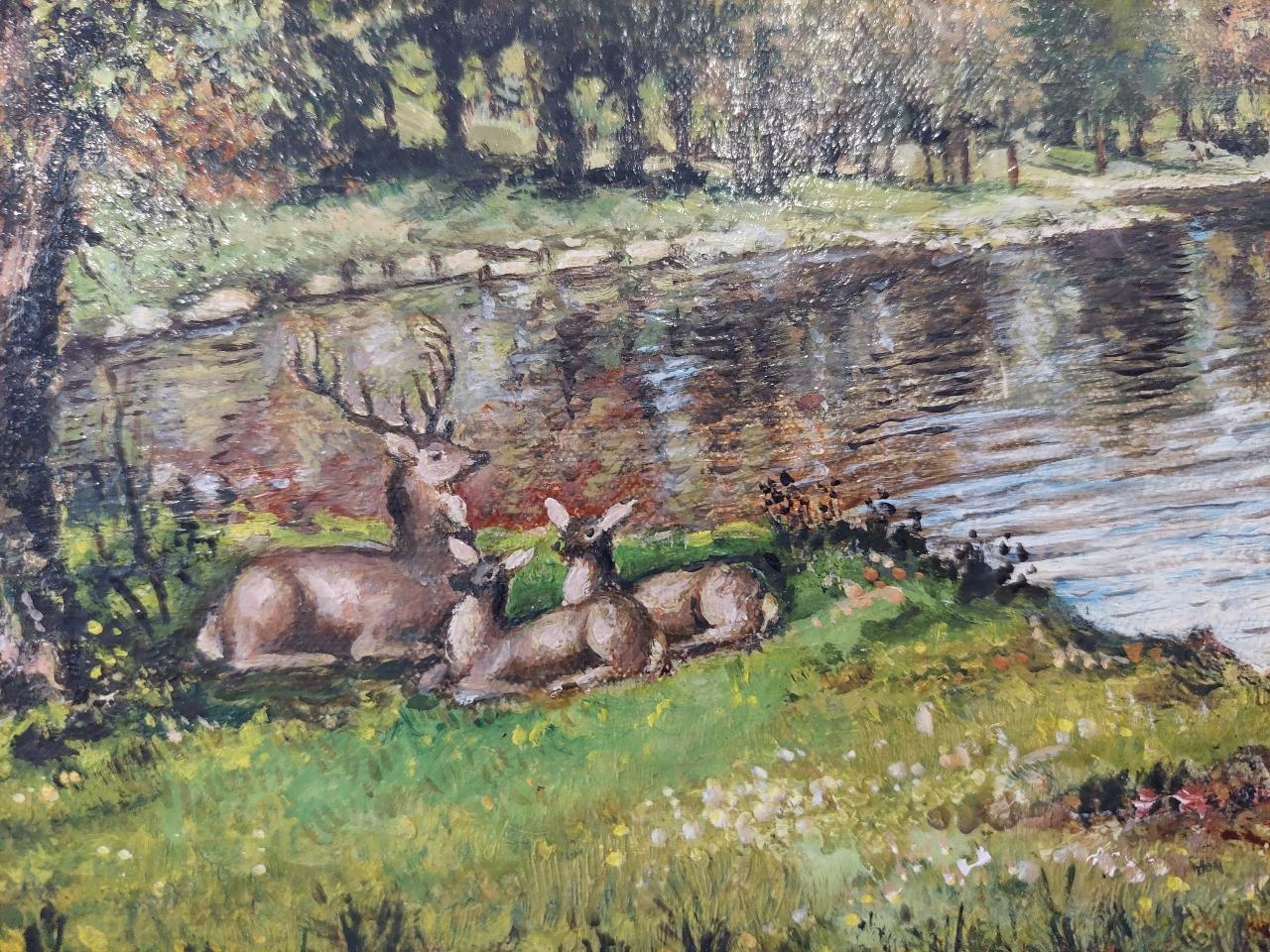 Traditional English Painting Deer by a River in English Parkland For Sale 1
