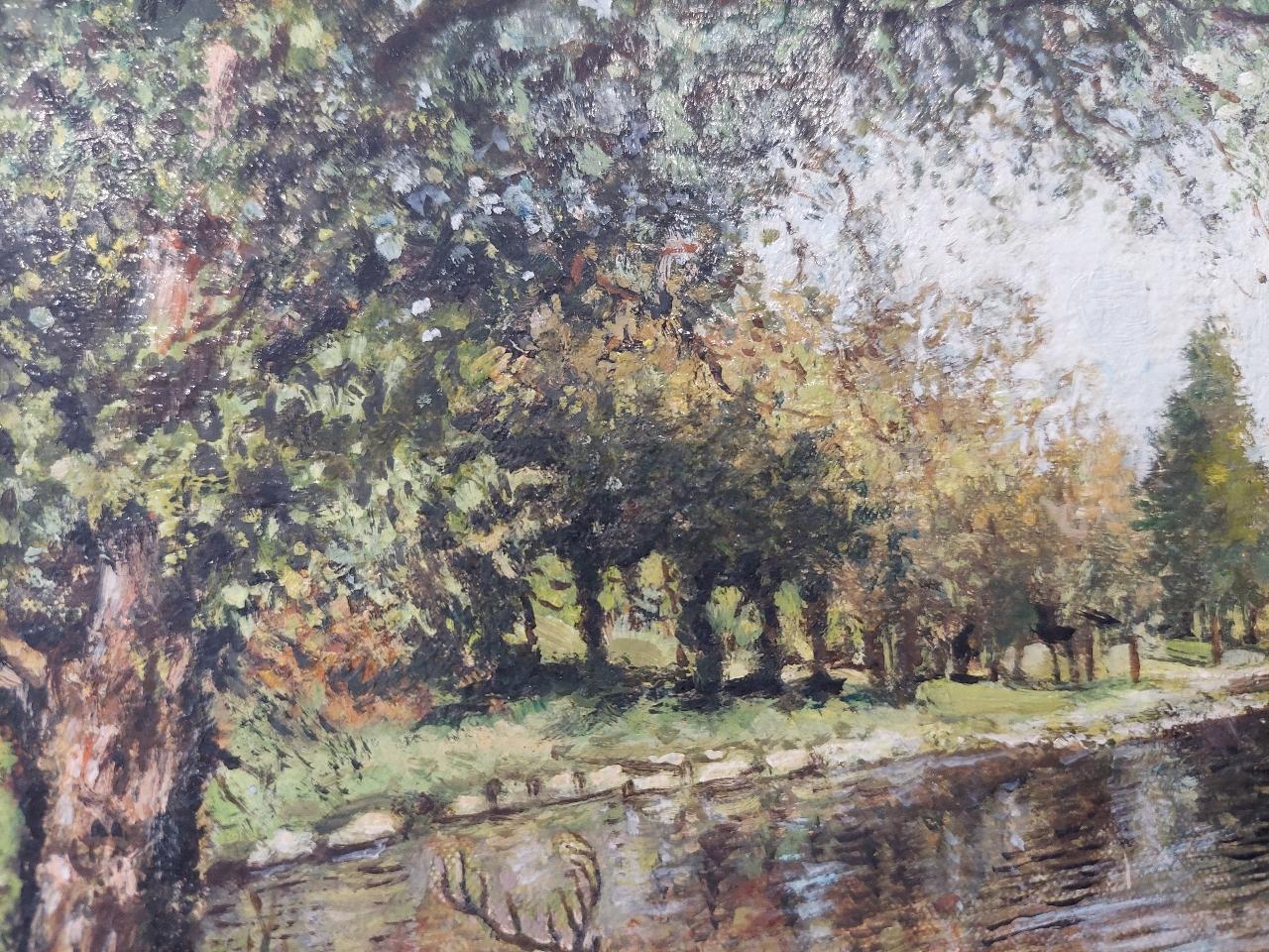 Traditional English Painting Deer by a River in English Parkland For Sale 2