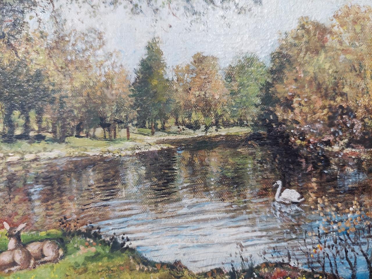 Traditional English Painting Deer by a River in English Parkland For Sale 4