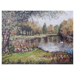 Traditionelles englisches Gemälde eines Hirsches in englischem Parkland