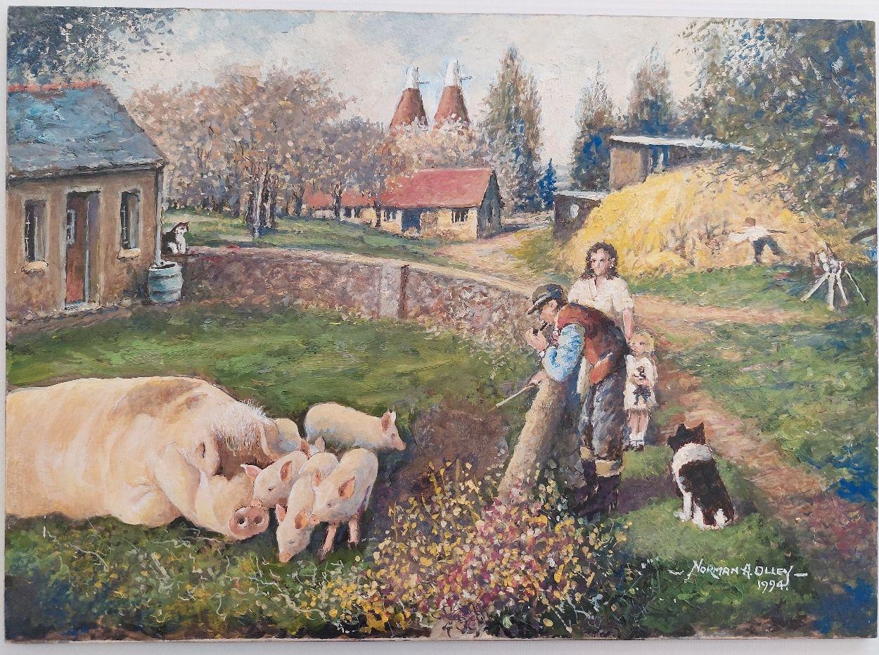 Artist/ School: Norman A. Olley ( British, 20th Century, 1908-1996), dated 1994, signed to the front and inscribed verso

Title - Contentment, an English Farmyard Scene in Kent depicting a family with a young girl admiring their pig and its piglets,