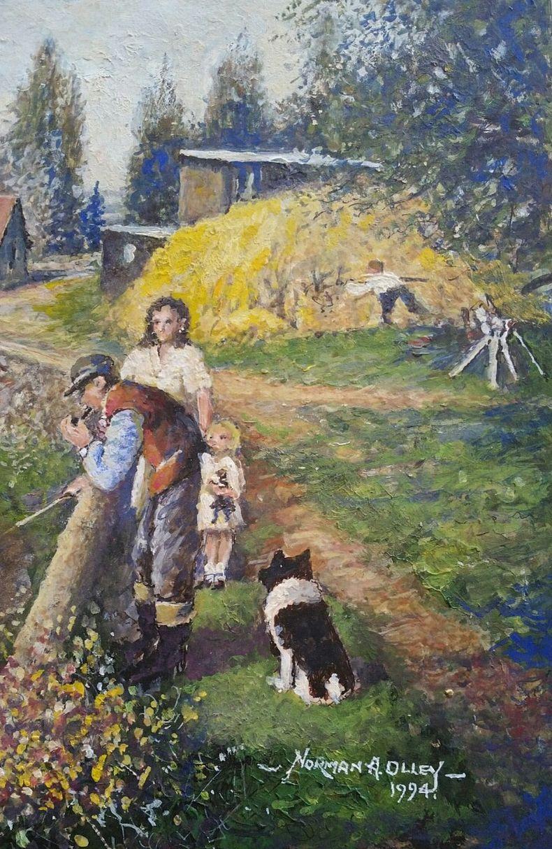 Traditionelle englische Malerei Englische Bauernhofszene in Kent Landwirt & Schweine (20. Jahrhundert) im Angebot