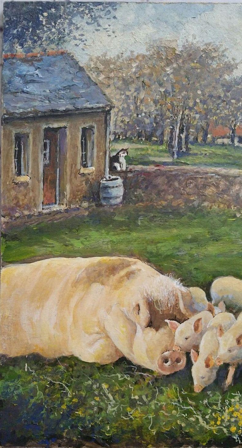 Peinture anglaise traditionnelle d'une scène de ferme dans le Kent Farmer & Pigs en vente 3