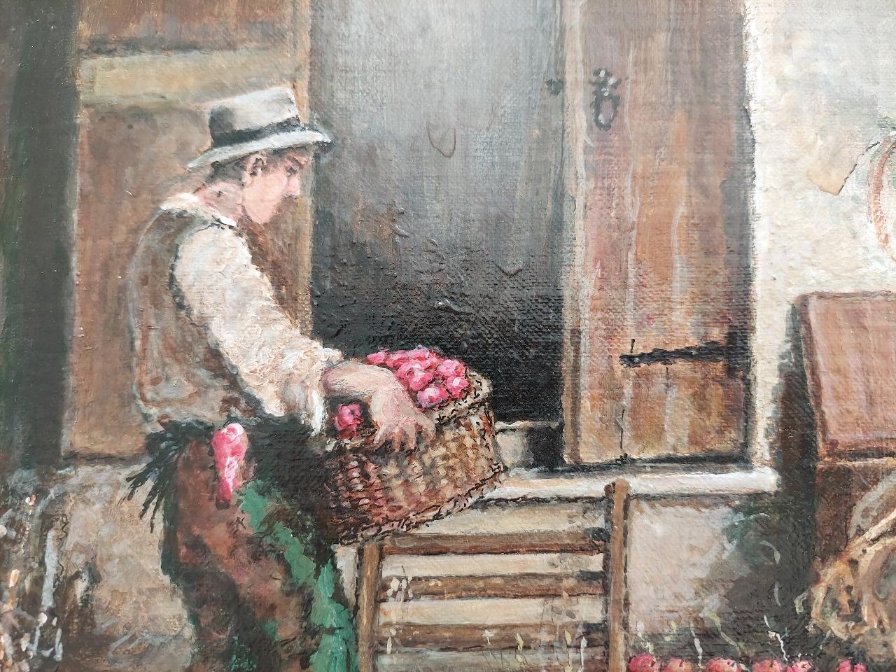 20ième siècle Peinture traditionnelle anglaise d'un fermier ramassant des pommes dans une maison de Higham Oast, Kent en vente