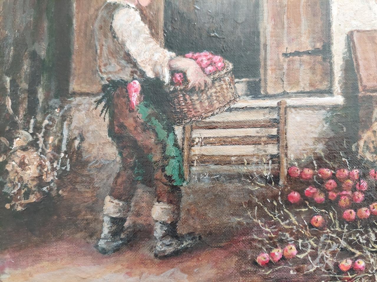 Autre Peinture traditionnelle anglaise d'un fermier ramassant des pommes dans une maison de Higham Oast, Kent en vente