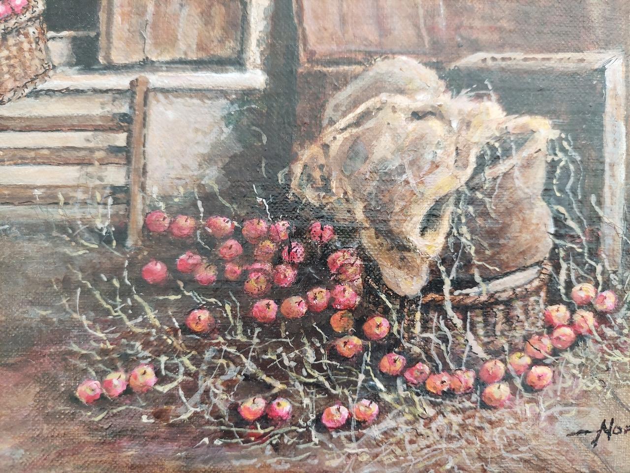 Peinture traditionnelle anglaise d'un fermier ramassant des pommes dans une maison de Higham Oast, Kent en vente 1
