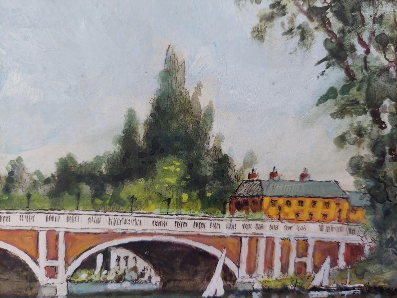 Traditional English Painting Hampton Court Bridge in London For Sale 3
