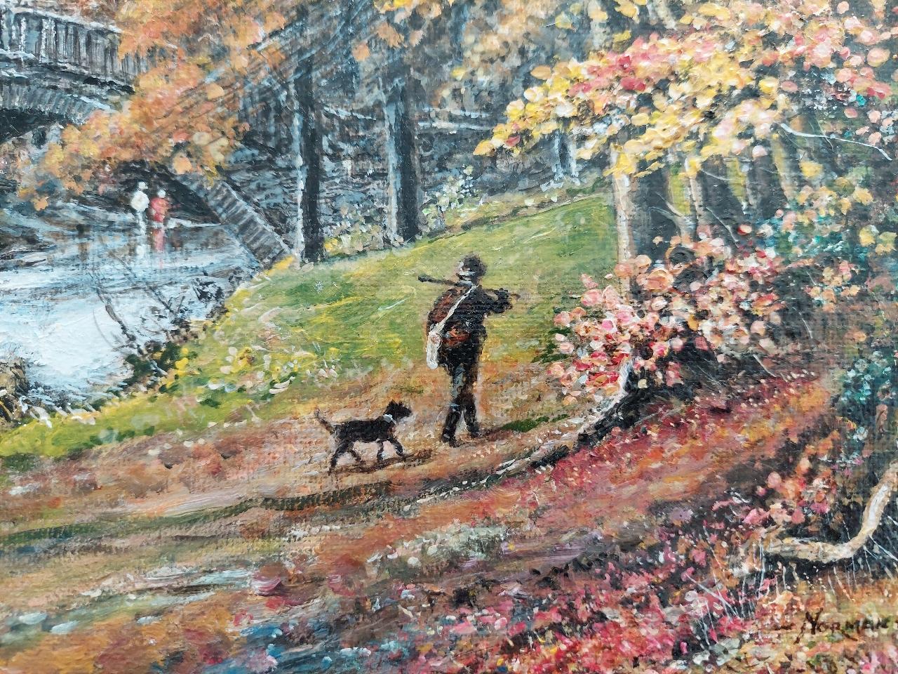 Traditionelles englisches Gemälde eines Jagdmanns und eines Hundes an der Yorkshire Bridge im Zustand „Hervorragend“ im Angebot in Cirencester, GB