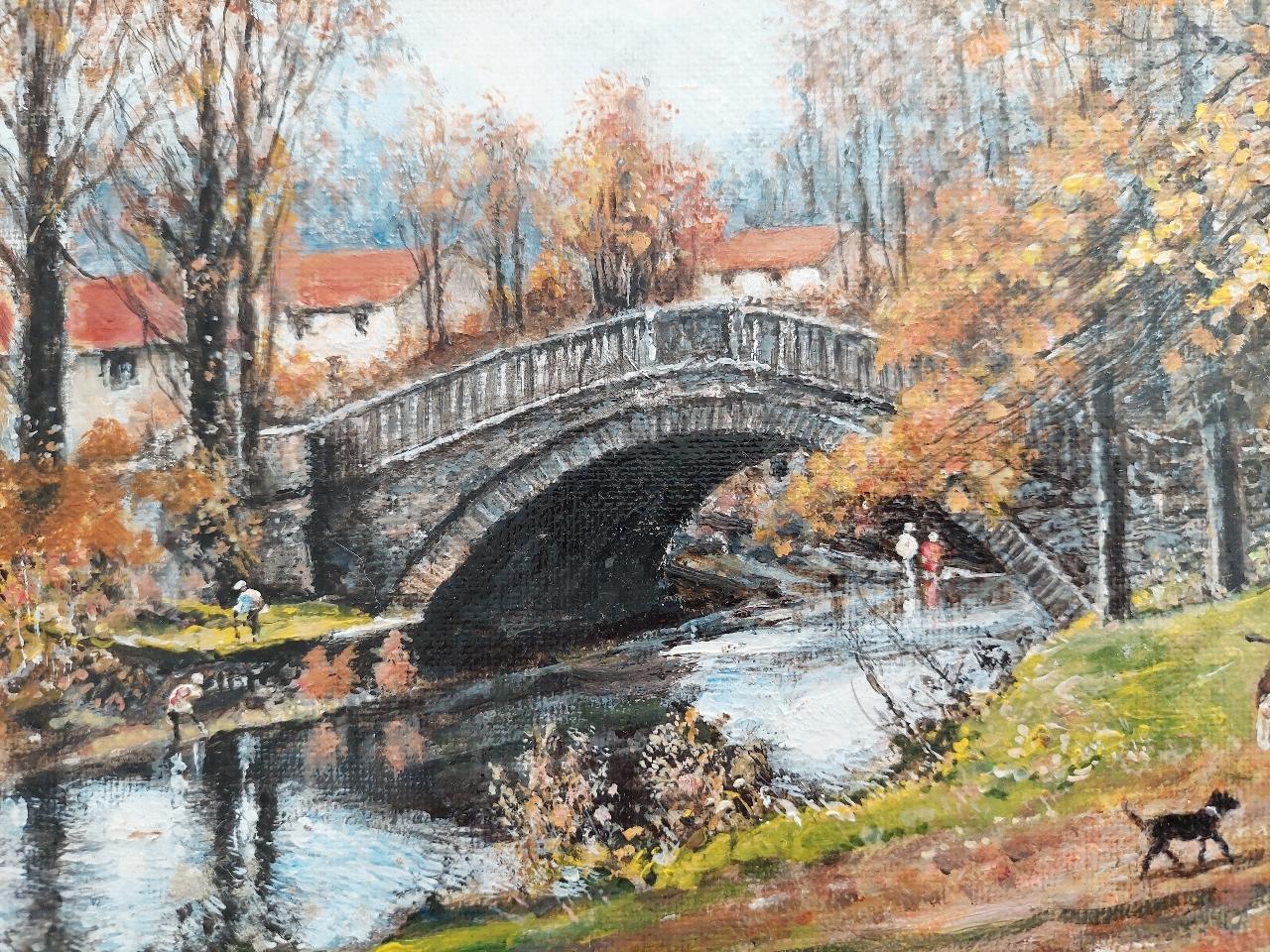 XX secolo Pittura tradizionale inglese Cacciatore e cane presso un ponte dello Yorkshire in vendita