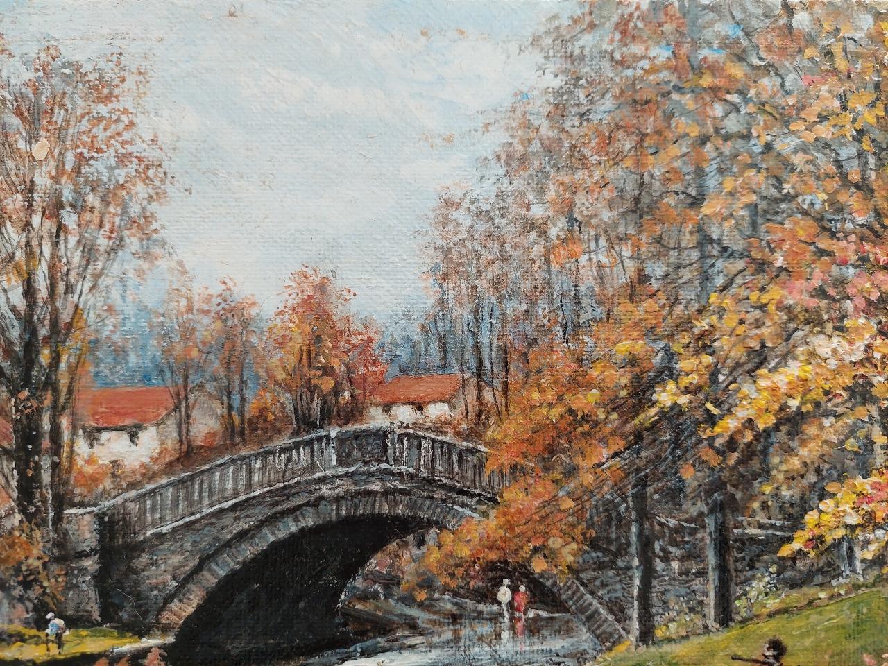 Traditional English Painting Huntsman and Dog by a Yorkshire Bridge For Sale 1