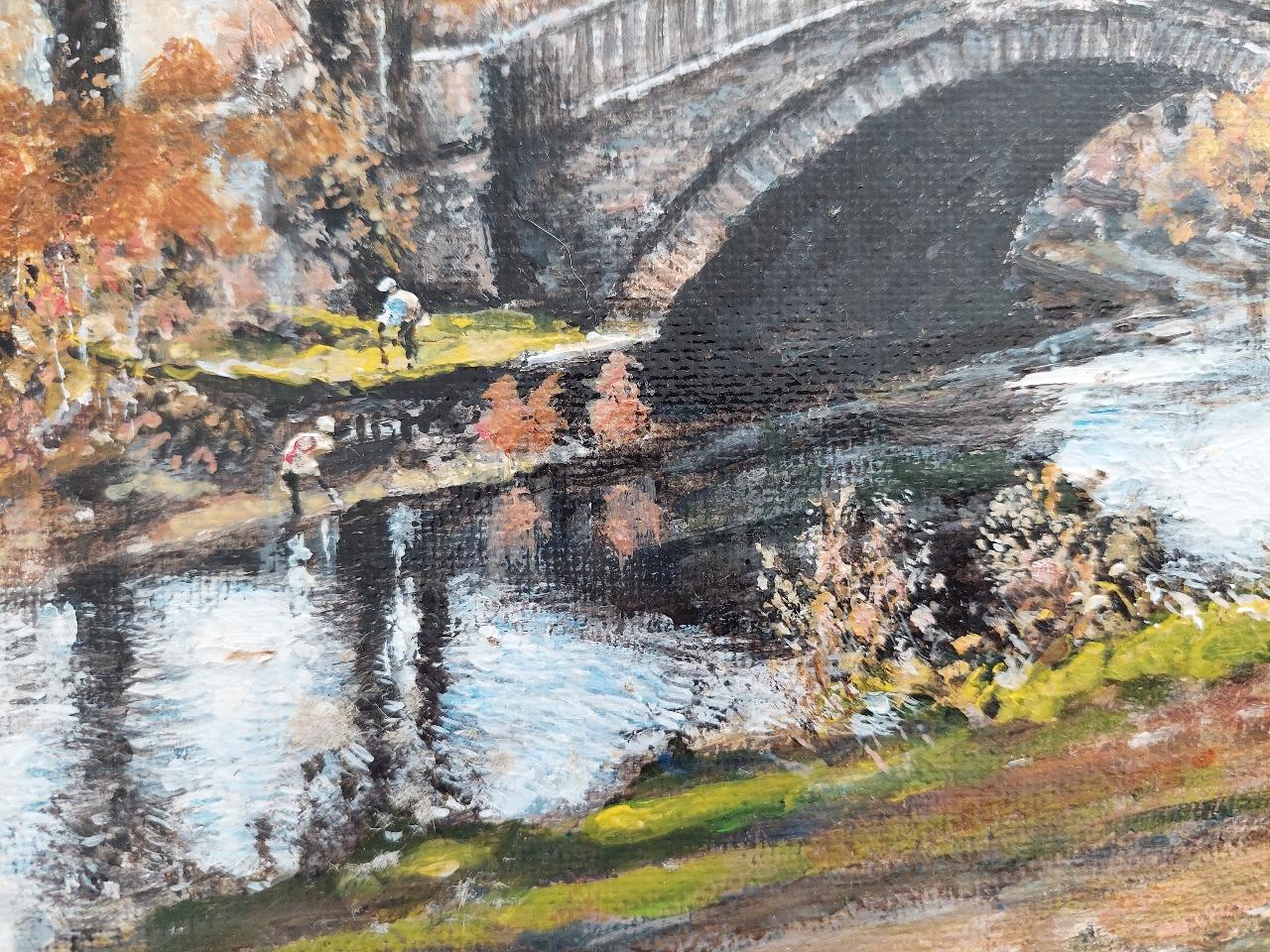 Traditionelles englisches Gemälde eines Jagdmanns und eines Hundes an der Yorkshire Bridge im Angebot 1