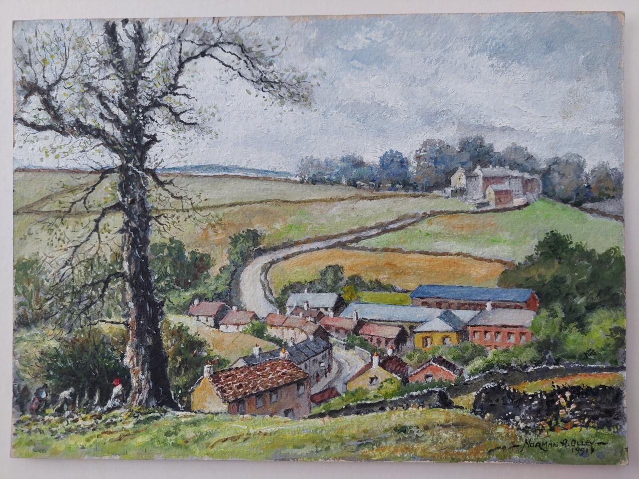 Artist/ School: Norman A. Olley ( British, 20th Century, 1908-1996), 1991, signed to the front and inscribed verso

Title - View of Goose Eye Farm near Braithwaite Yorkshire, England. Charming rural farming landscape in the Yorkshire Dales. Figures