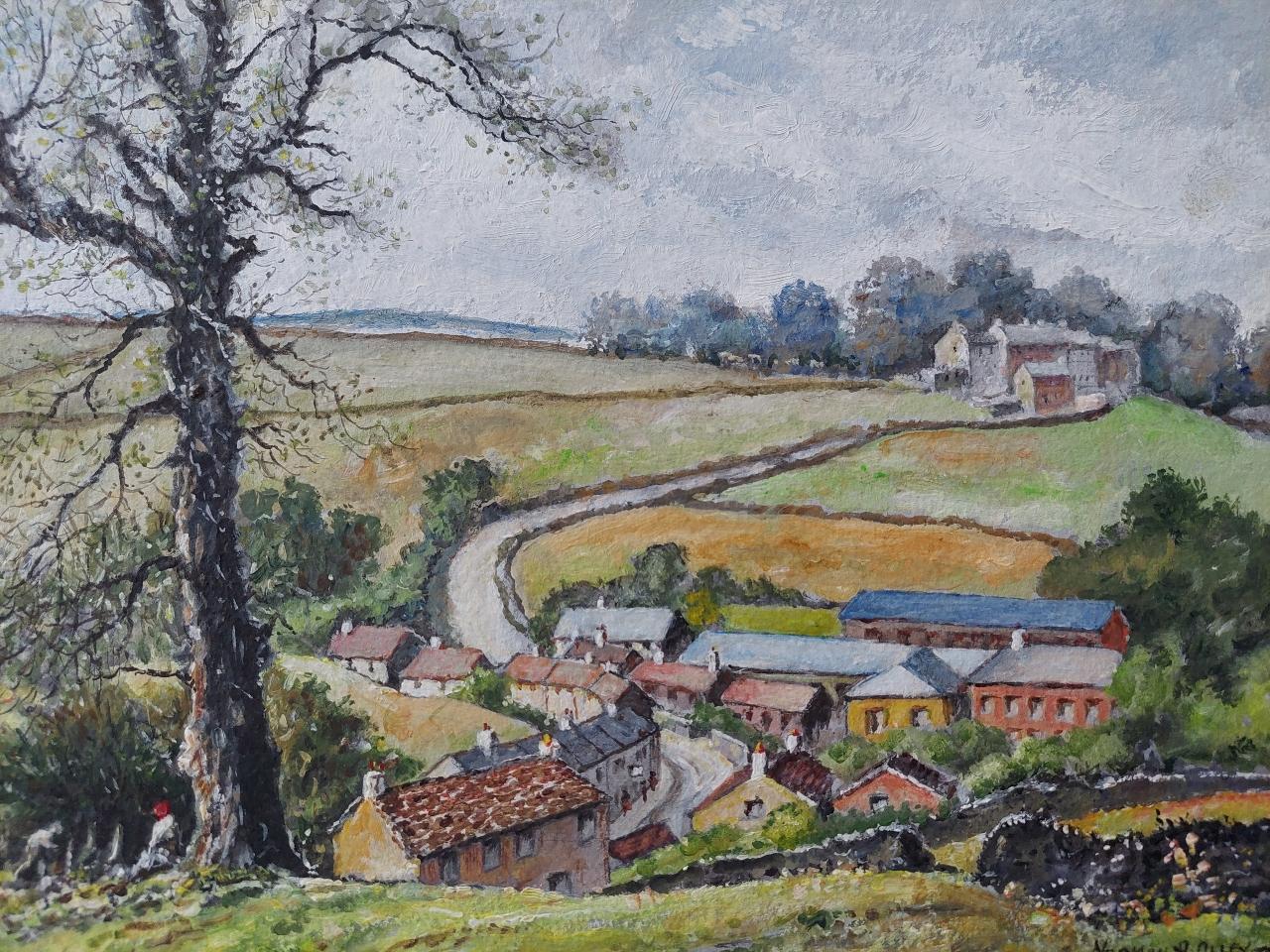 Anglais Peinture anglaise traditionnelle - Paysage à la ferme Goose Eye Braithwaite dans le Yorkshire en vente