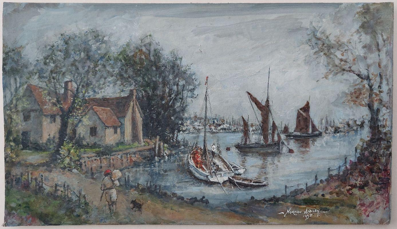 Artist/ School: Norman A. Olley ( British, 20th Century, 1908-1996), 1995, signed to the front and inscribed verso

Title - Misty Morning, River Medway, Kent. Finely detailed maritime scene on the river of working boats including traditional fishing