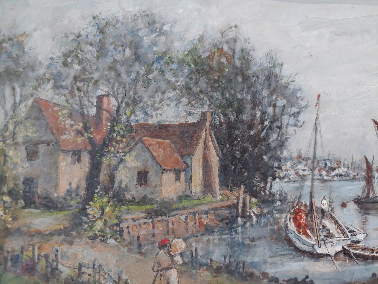 Anglais Peinture traditionnelle anglaise de scène maritime sur la rivière Medway, Kent, Angleterre en vente