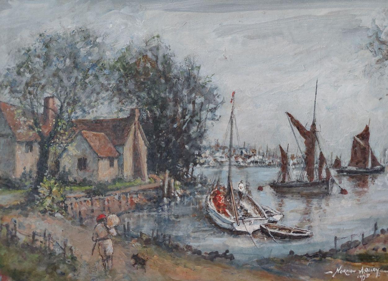 Traditionelles englisches Gemälde mit maritimen Szenen auf dem Fluss Medway, Kent, England im Zustand „Hervorragend“ im Angebot in Cirencester, GB