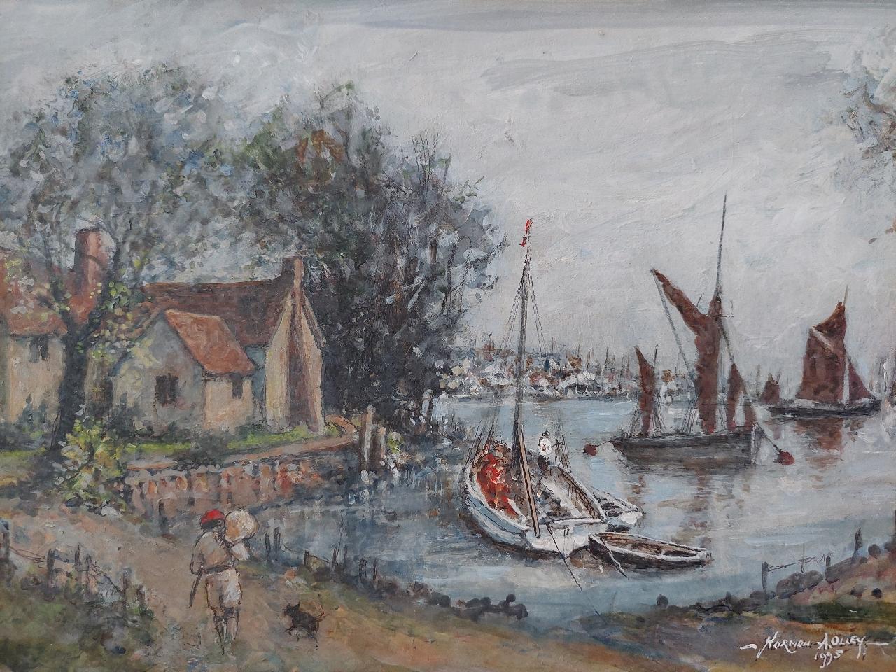 20ième siècle Peinture traditionnelle anglaise de scène maritime sur la rivière Medway, Kent, Angleterre en vente