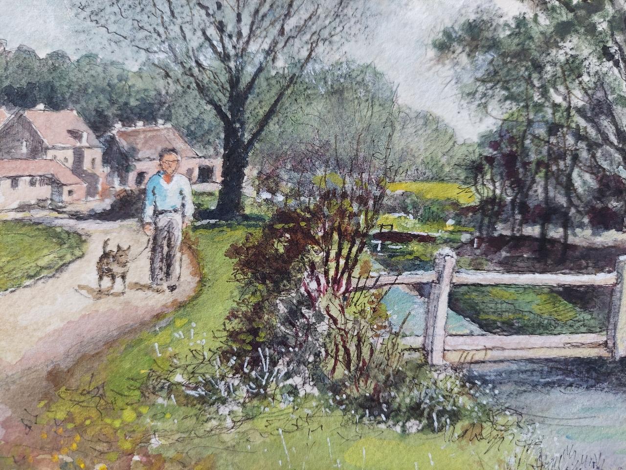 Traditionelles englisches Gemälde einer Dorfszene mit Figuren, Hund und Pferden (Englisch) im Angebot