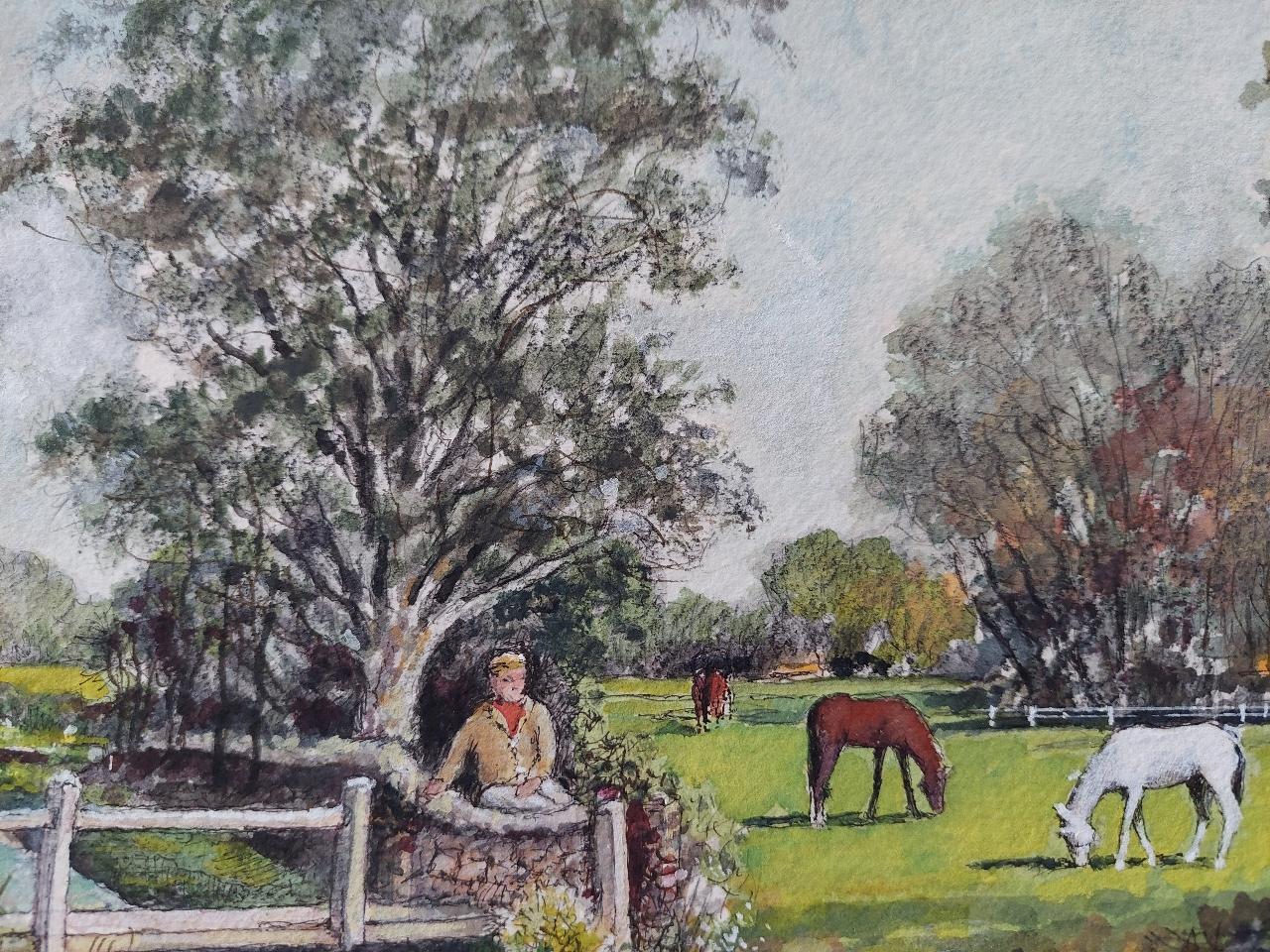 20ième siècle Peinture traditionnelle anglaise d'une scène de village avec des personnages, un chien et des chevaux en vente