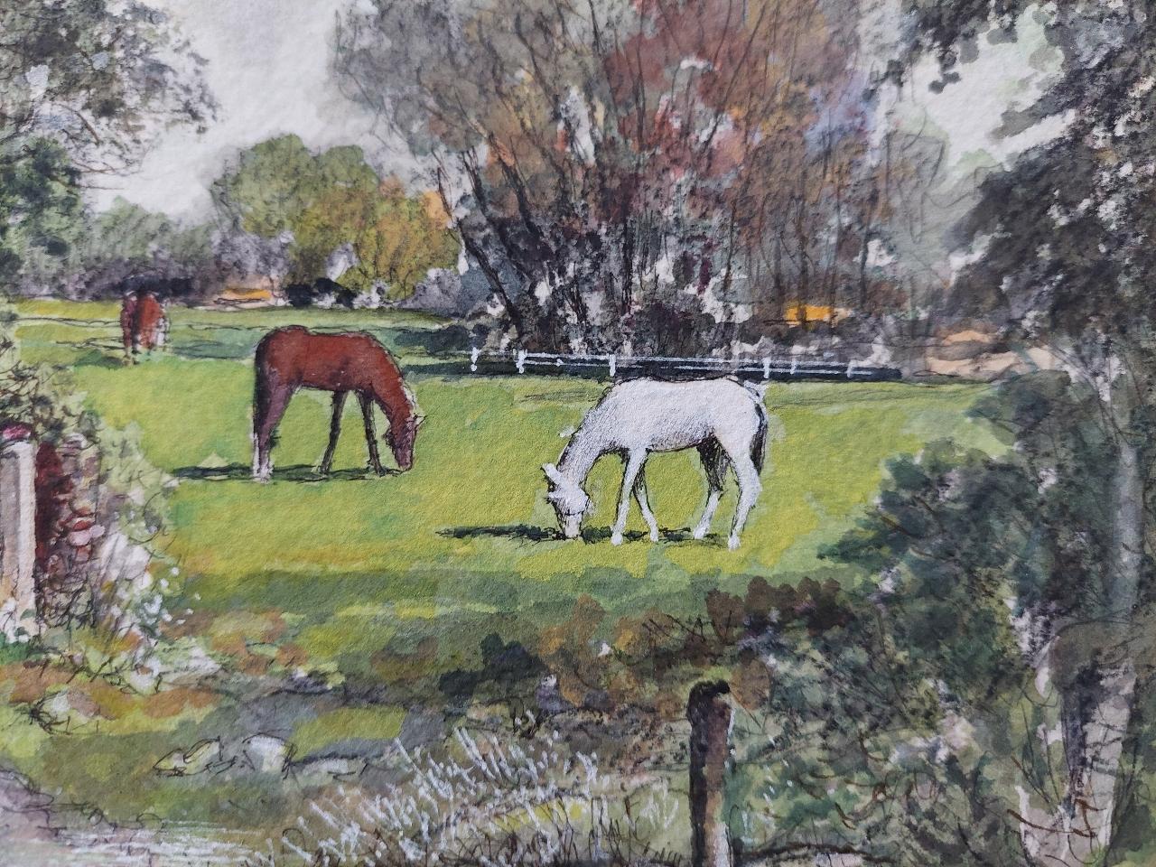 Peinture traditionnelle anglaise d'une scène de village avec des personnages, un chien et des chevaux en vente 1