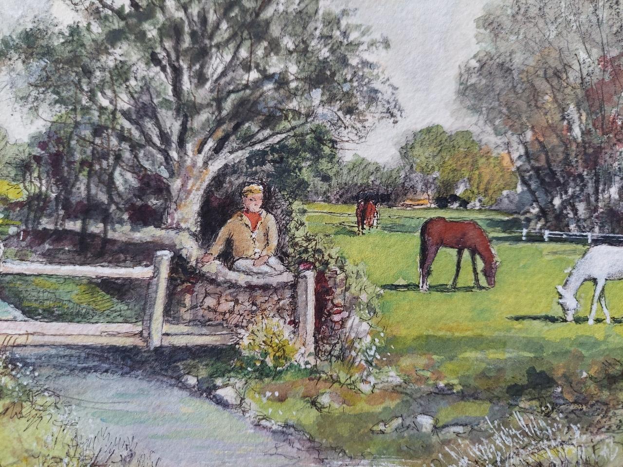 Traditionelles englisches Gemälde einer Dorfszene mit Figuren, Hund und Pferden im Angebot 2